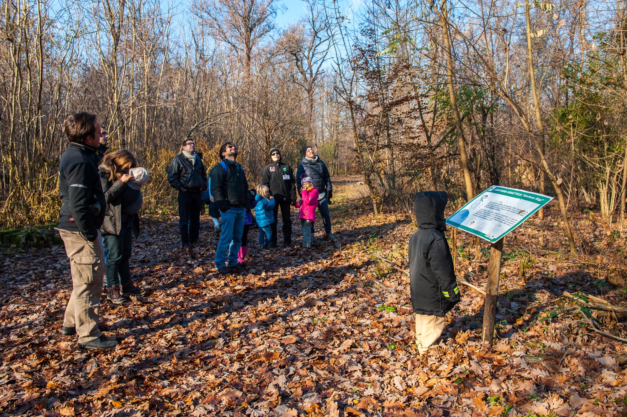 un gruppo di persone davanti a un pannello escursionistico nel bosco
