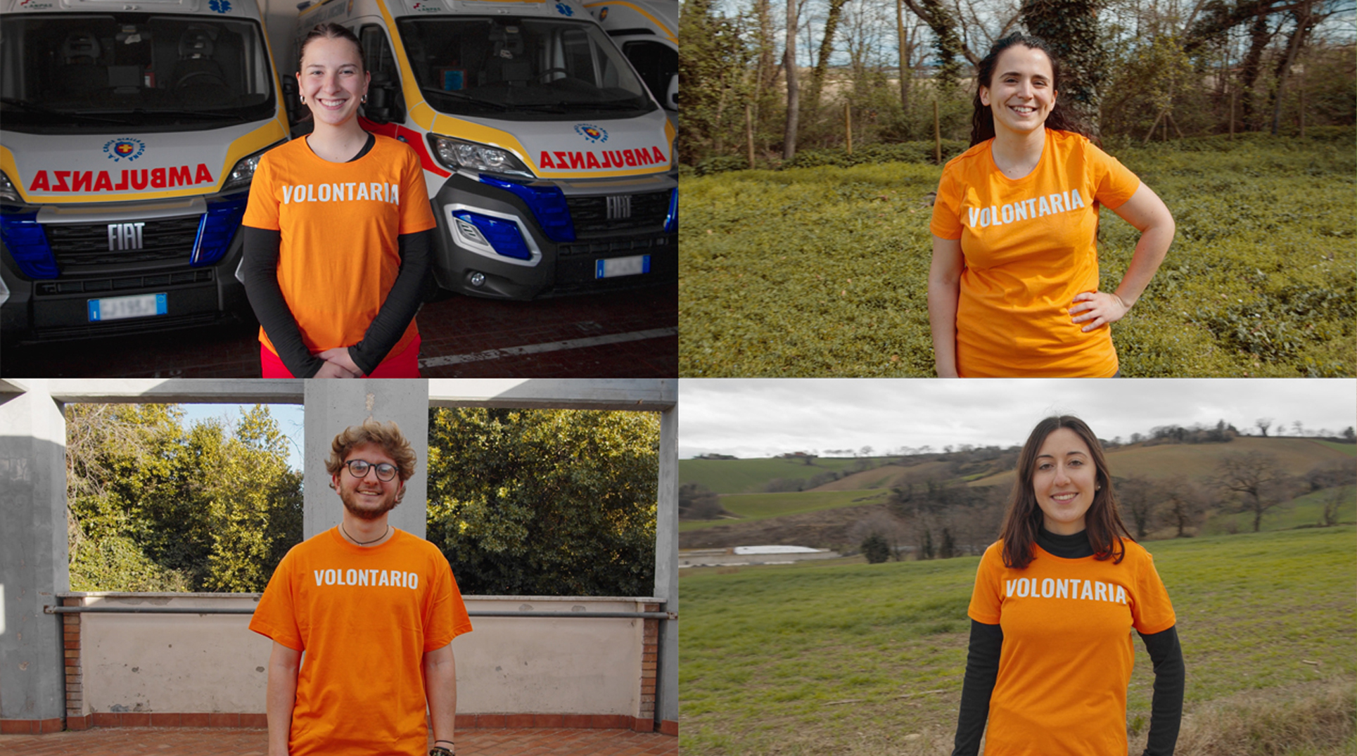 quattro foto singole di volontarie e volontari sorridenti in contesti differenti, con la stessa t shirt arancione con su scritto volontario/volontaria