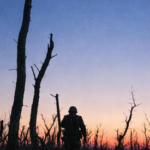 una persona che cammina tra alberi spogli