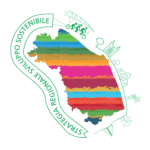 logo illustrato del Forum regionale Sviluppo sostenibile con figura della regione Marche riempita con barre multicolori e circondata da icone e testi in verde