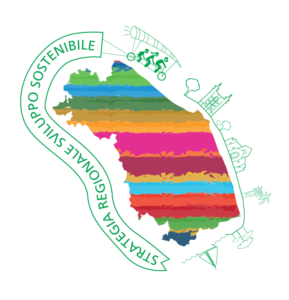 logo illustrato del Forum regionale Sviluppo sostenibile con figura della regione Marche riempita con barre multicolori e circondata da icone e testi in verde