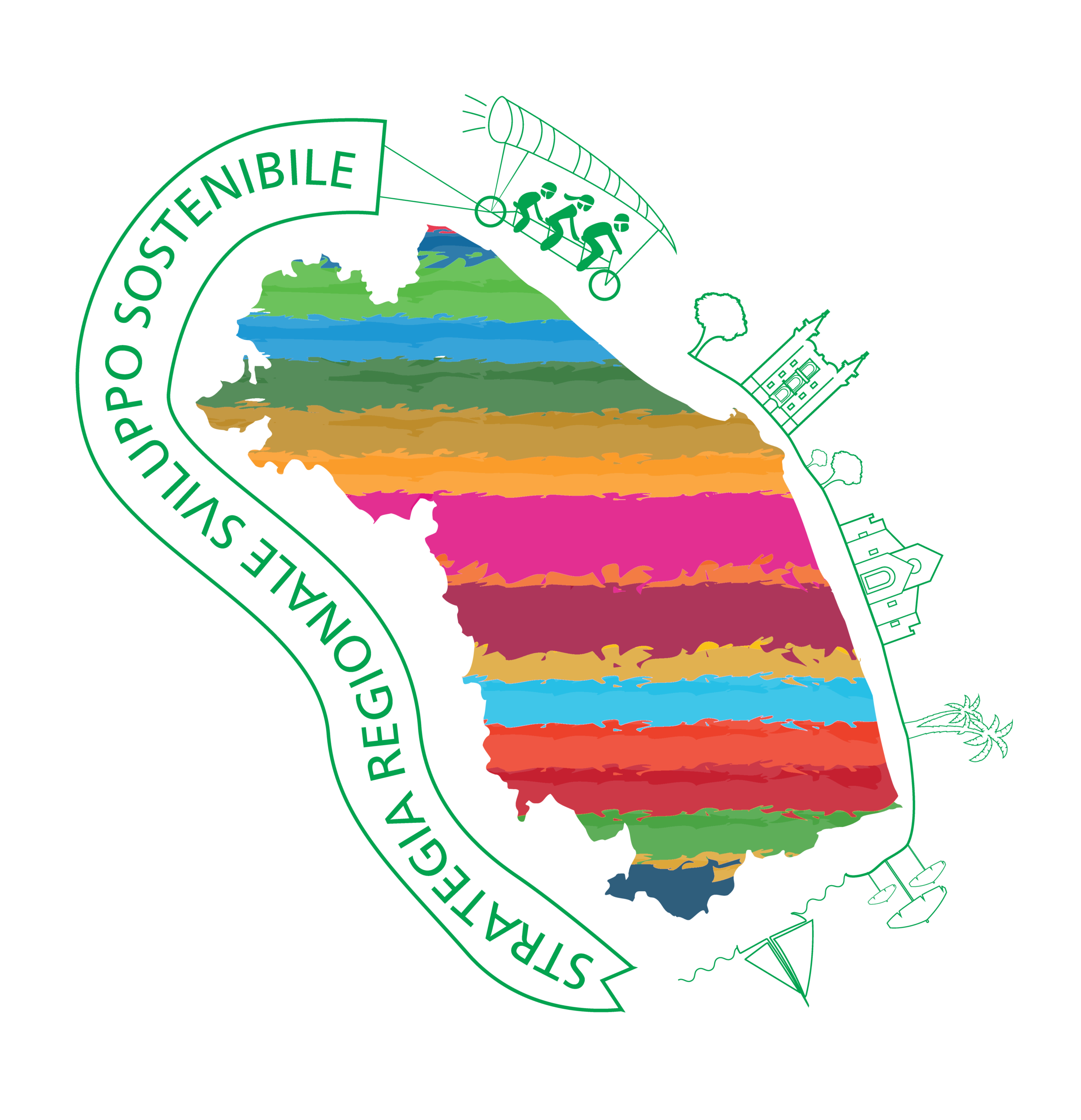 logo illustrato del Forum regionale Sviluppo sostenibile con figura della regione Marche riempita con barre multicolori e circondata da icone e testi in verde