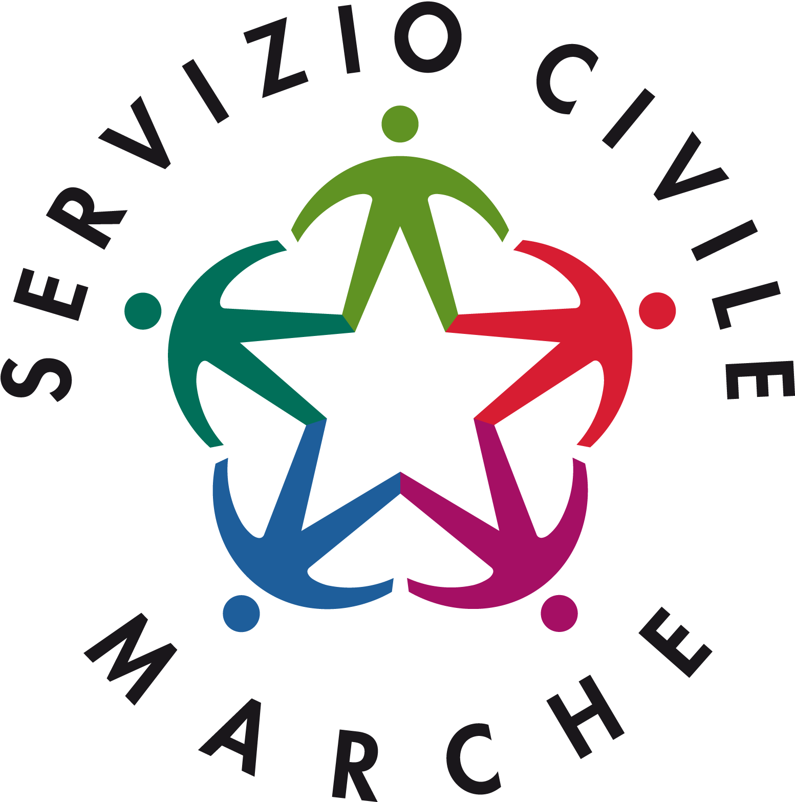 logo del servizio civile Marche (stella a cinque punte con figure umane stilizzate)
