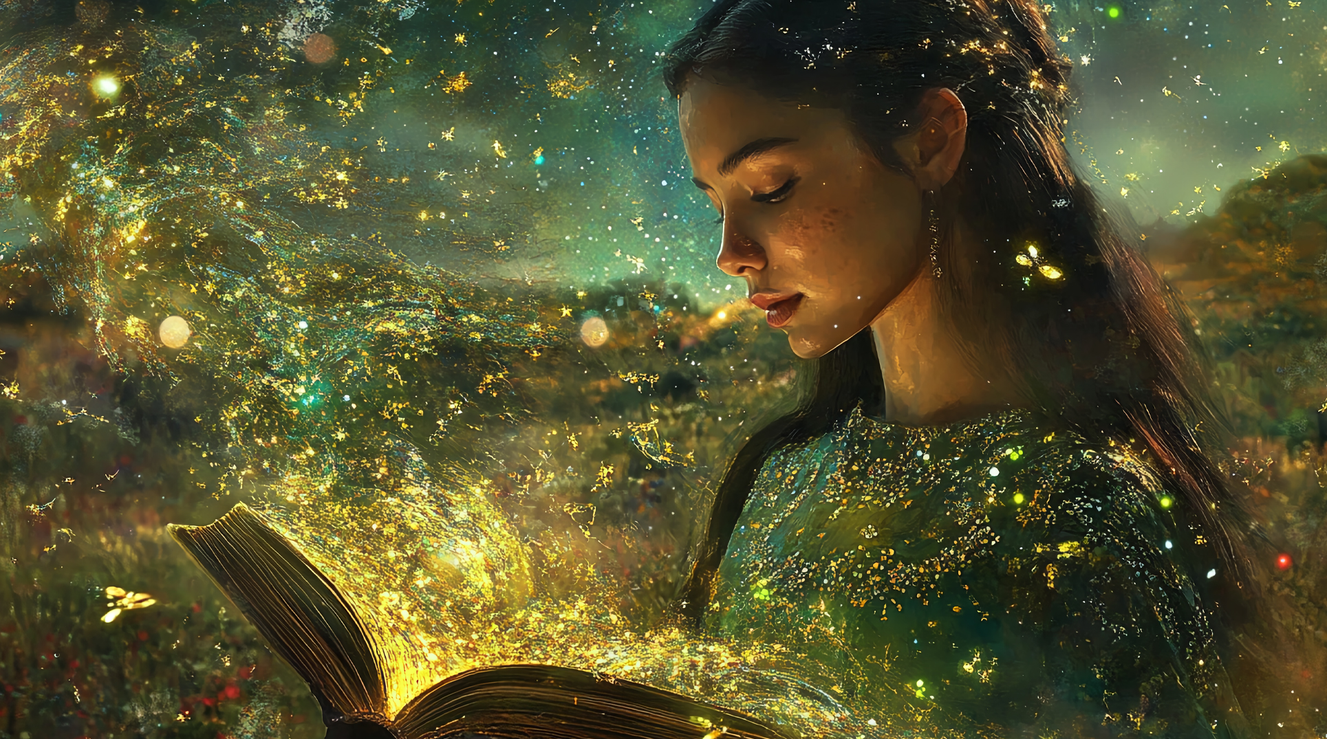 una donna di fronte a un libro in uno scenario fantasy