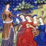 Miniatura mediovale con donne che suonano strumenti musicali