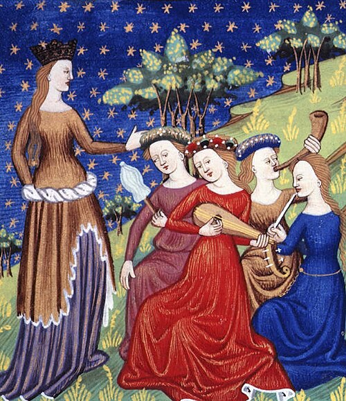 Miniatura mediovale con donne che suonano strumenti musicali
