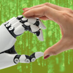 una mano umana abbraccia una mano robotica