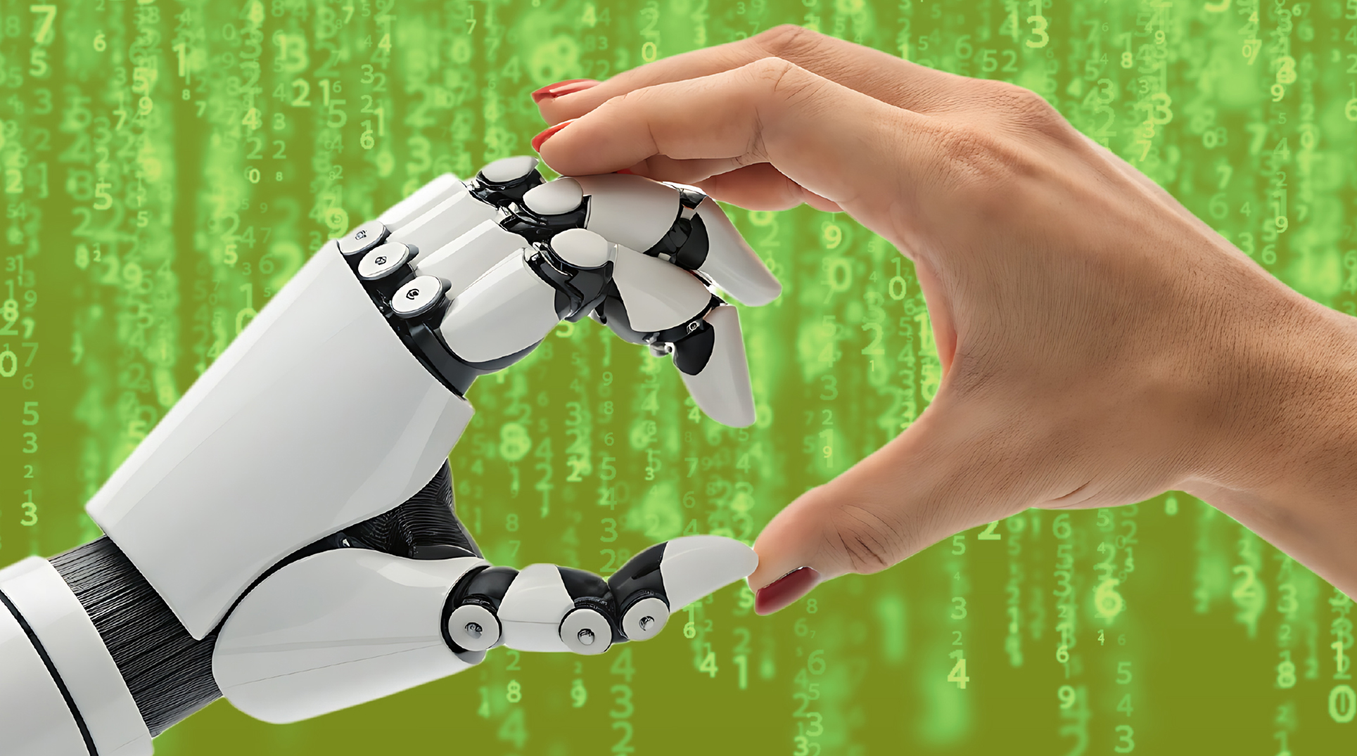 una mano umana abbraccia una mano robotica