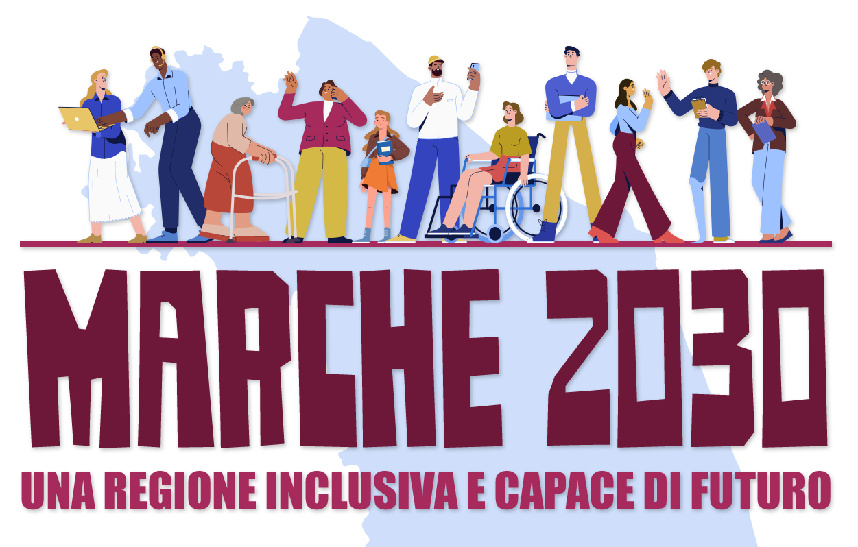 grafica con cartina delle Marche, e gruppo eterogeneo di persone (anziani, giovani, bambini, lavoratori, persone con disabilità, stranieri)