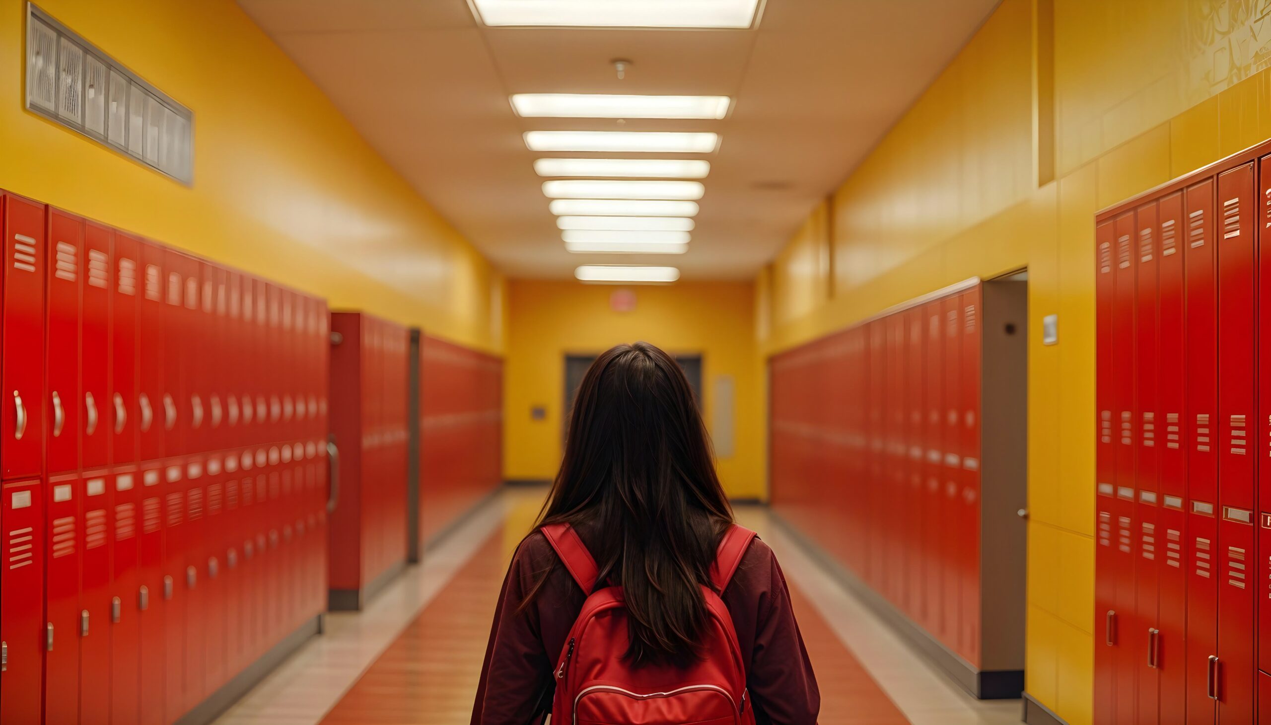 una studentessa di spalle lungo il corridoio di una scuola