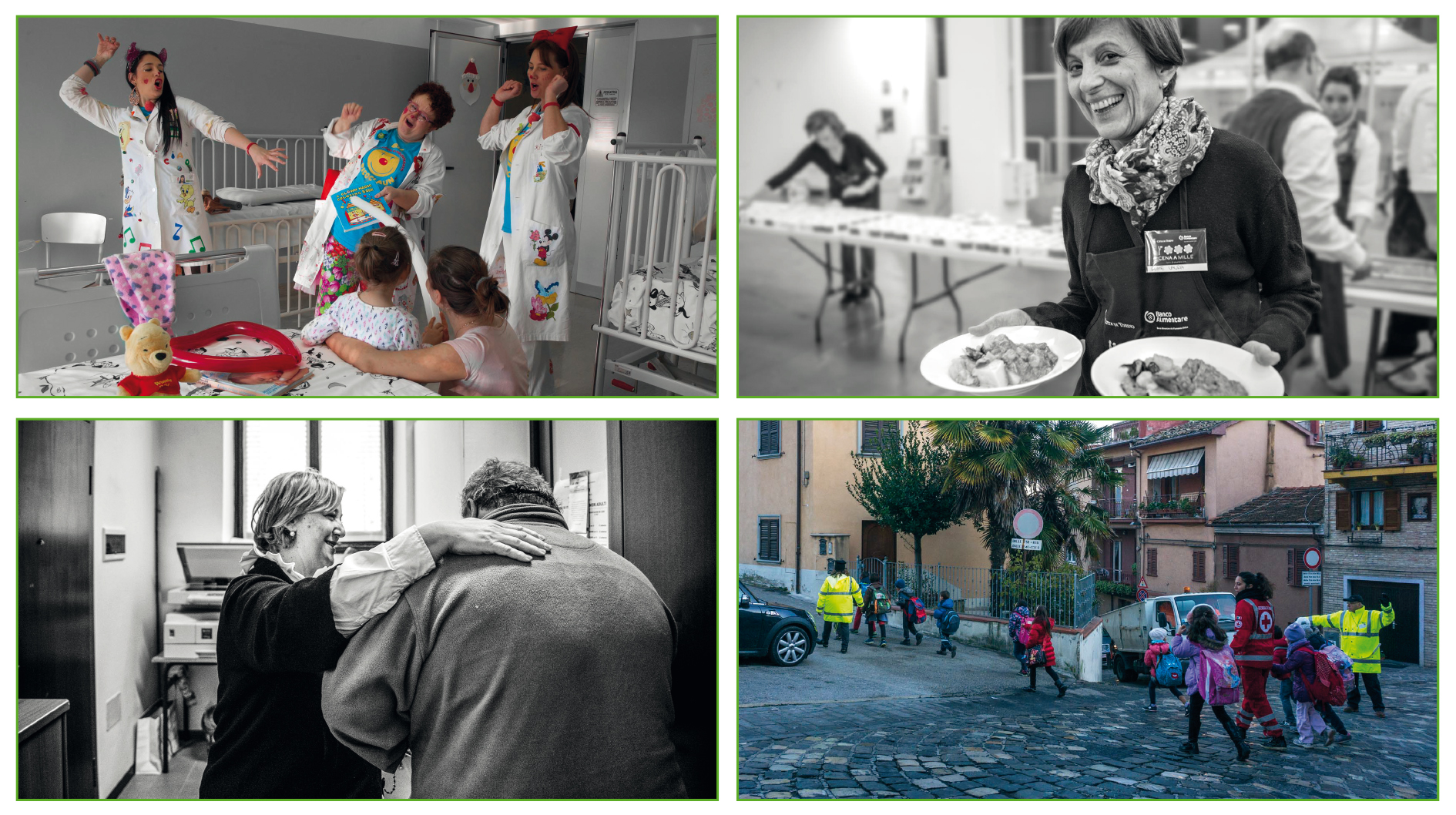 mix di quattro immagini, due a colori e due in bianco-nero, di volontari impegnati in diversi settori