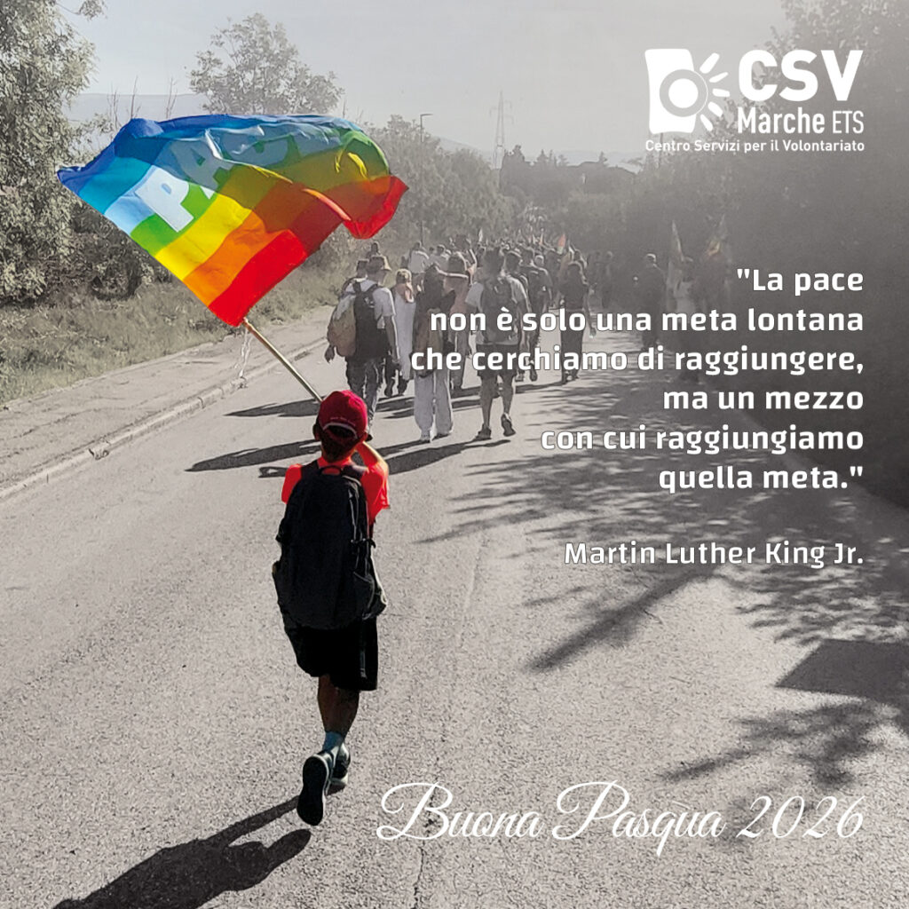 un bambino di spalle sventola la bandiera della pace lungo una strada. La sua figura è a colori, tutto il resto è in bianco e nero. 
Sull'immagine è riportato il logo CSV e questa citazione: La pace non è solo una meta lontana che cerchiamo di raggiungere, ma un mezzo con cui raggiungiamo quella meta" M.L. King  