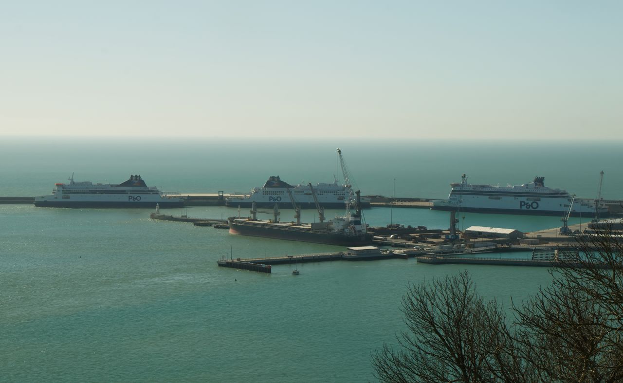 A scenic view of ferries docked at the port of Dover in England.
