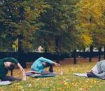 Tre persone praticano yoga in un prato.