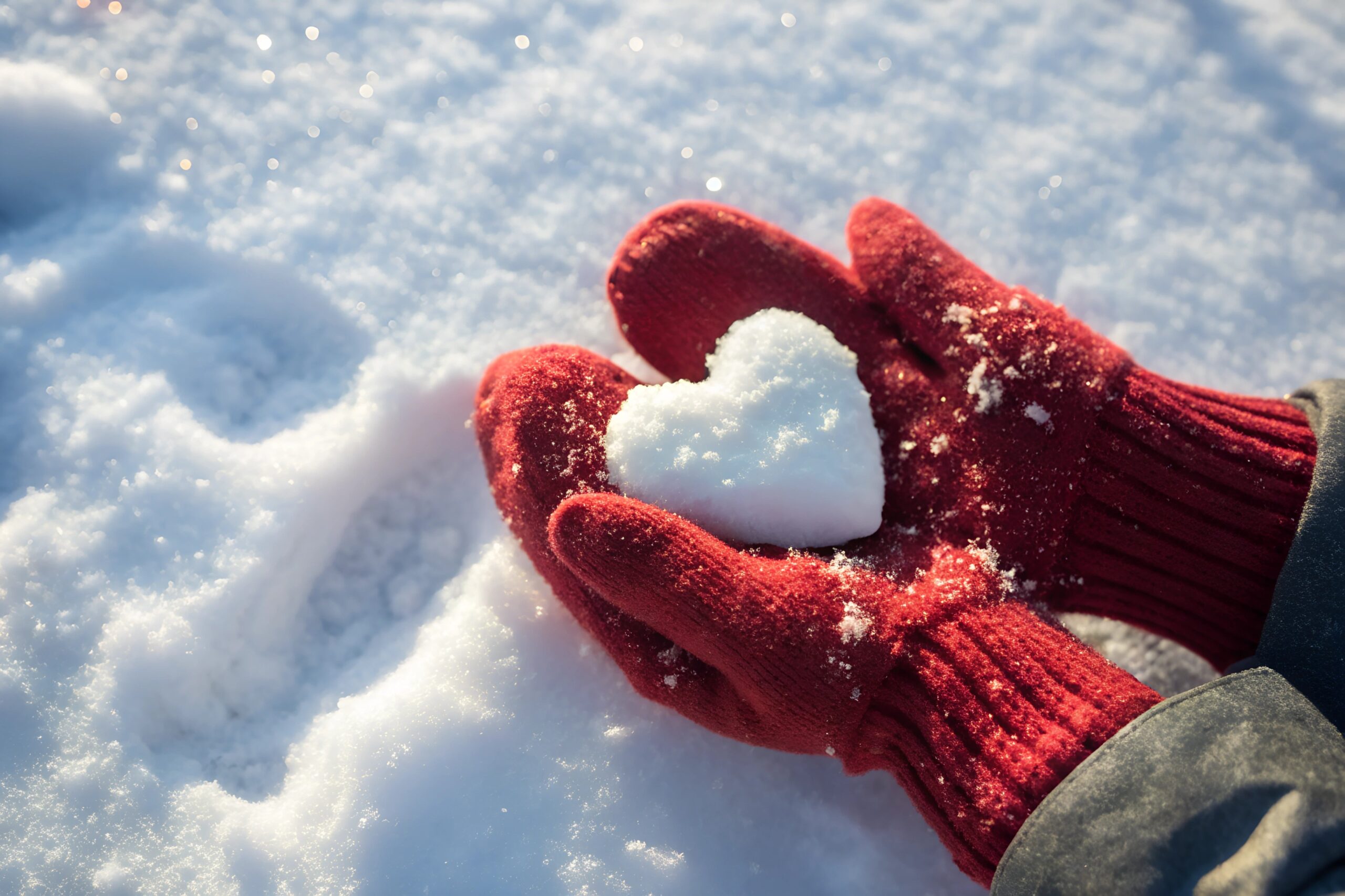mano che stringe un cuore di neve