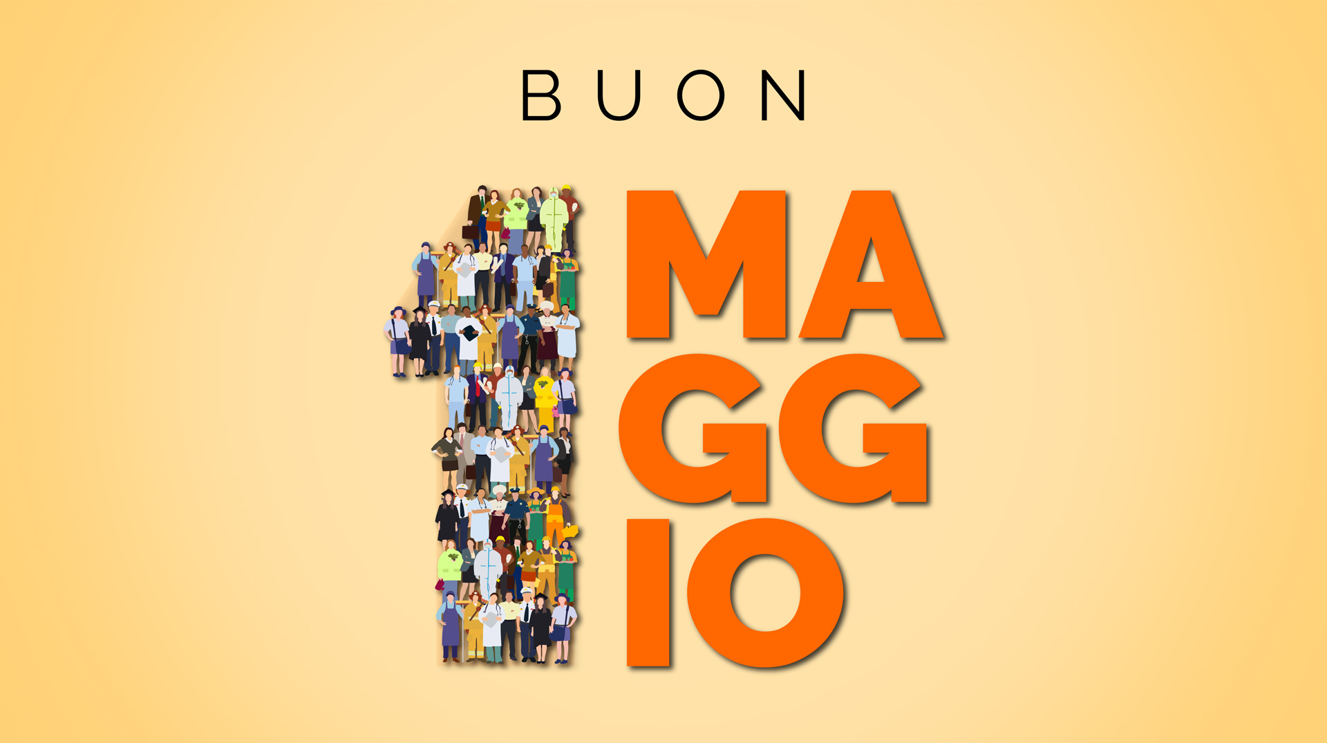 grafica con il numero 1 formato da tante figure di lavoratori e la parola maggio
